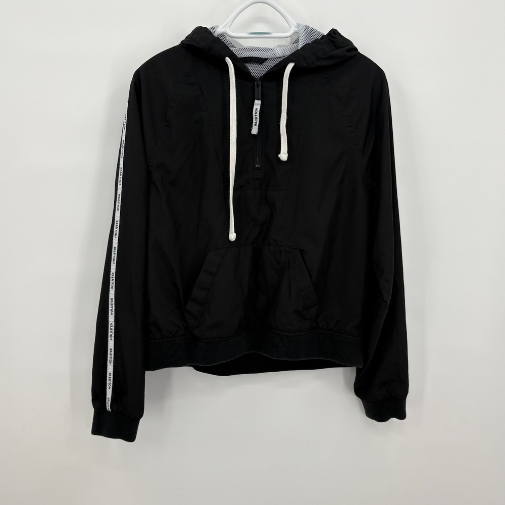 Hollister Womens Black 1/4 Zip Windbreaker Jacket Hooded Logo Taping Size S